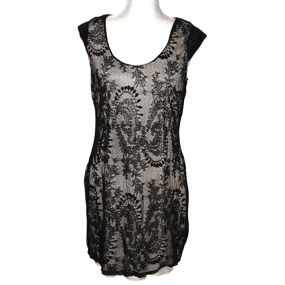 Gothic Express Lace Overlay Mini Dress Womens Large Black Floral Sleeveless